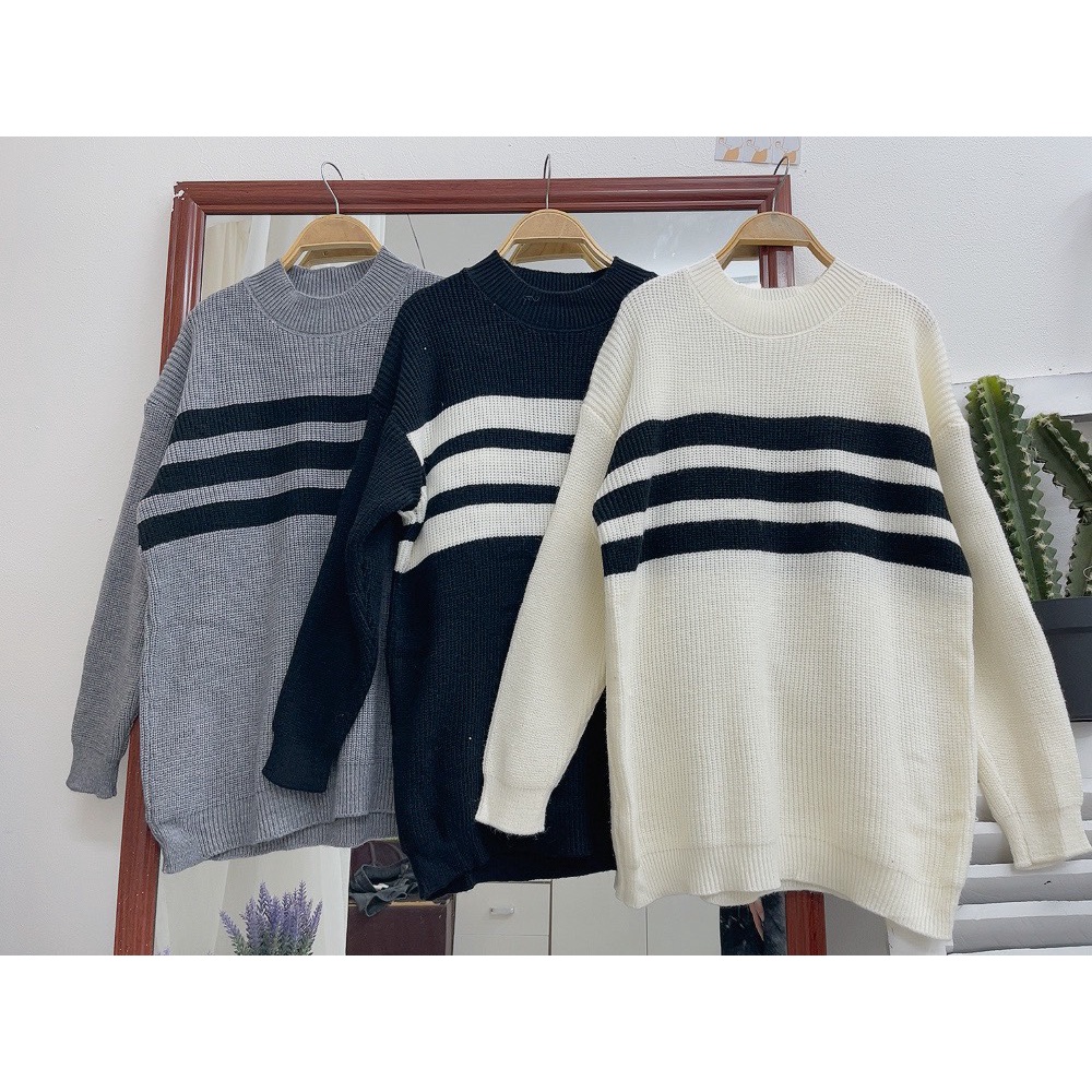 Áo Len Kẻ Ngang 3 Sọc QCCC Nữ [FREESHIP]  Sweater form rộng tay bồng bánh bèo, kiểu dáng thể thao năng động Ulzzang