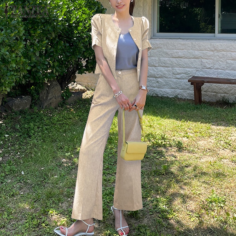 Zanzea Bộ Áo Ngắn Tay Cổ Tròn Phối Bèo + Quần Dài Lưng Thun Ống Đứng Thời Trang Cho Nữ