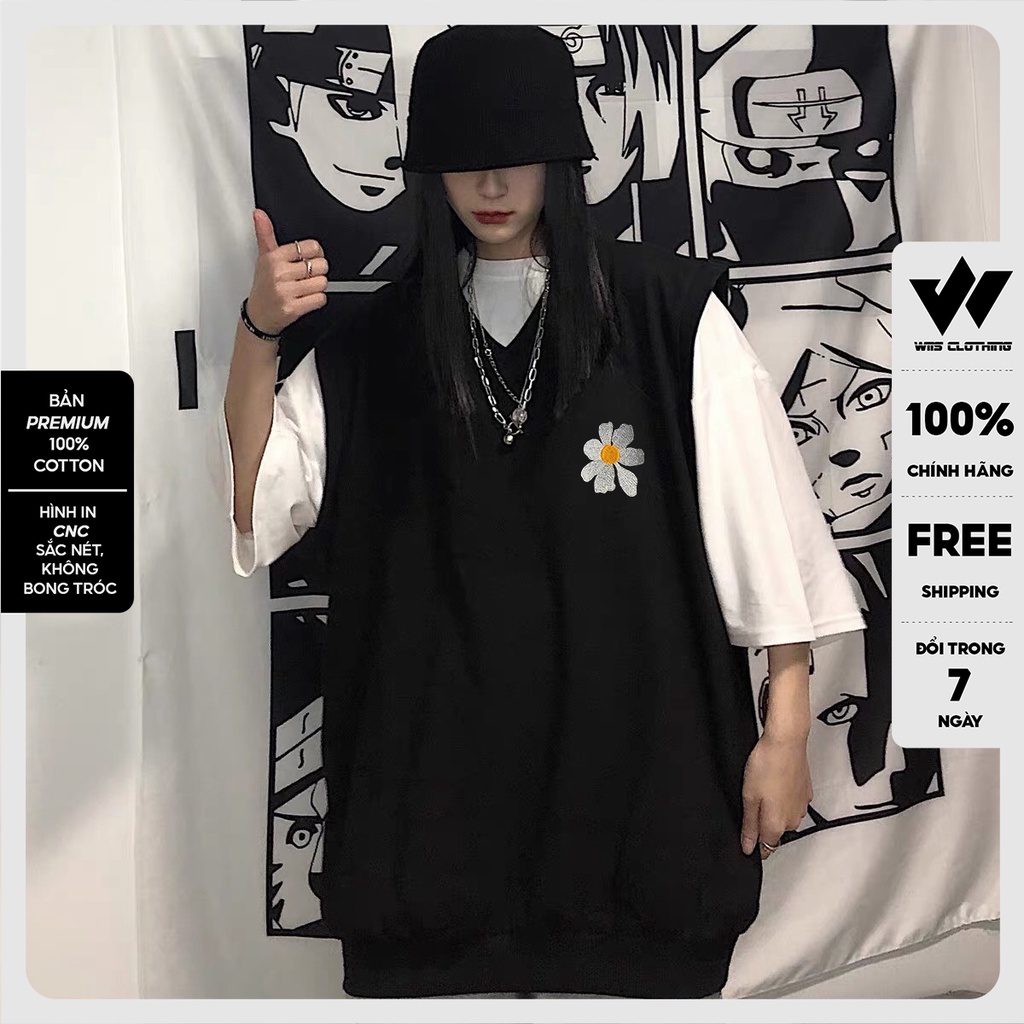 Áo gile unisex WIIS form rộng Thêu Hoa Cúc ,áo kiểu nam nữ oversize ulzzang