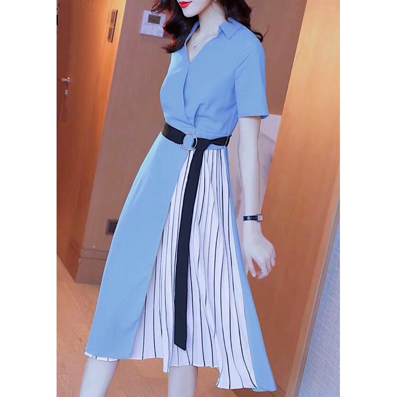 Đầm váy midi vàng phối sọc