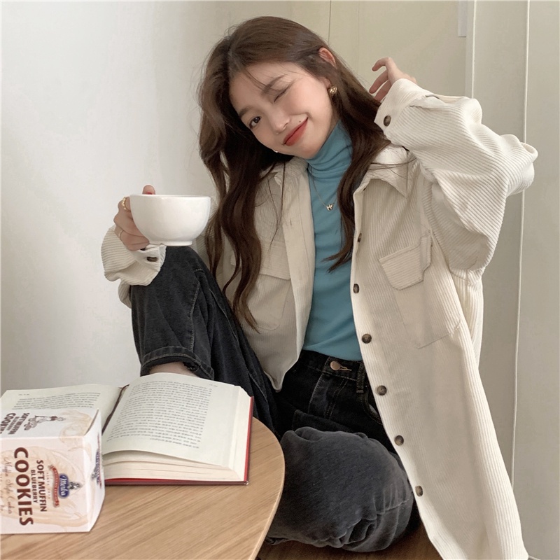 Áo sơ mi nhung kẻ tay dài dáng rộng phong cách retro 47230