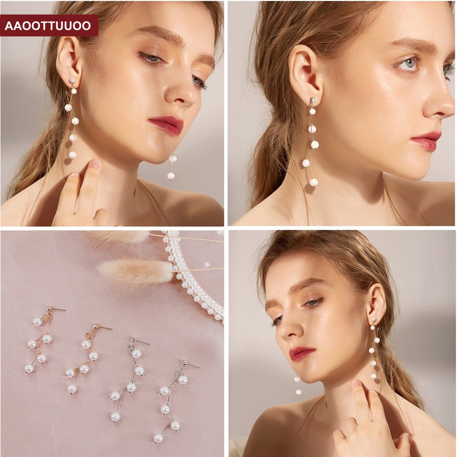 Khuyên tai dáng dài đính ngọc trai nhân tạo thời trang