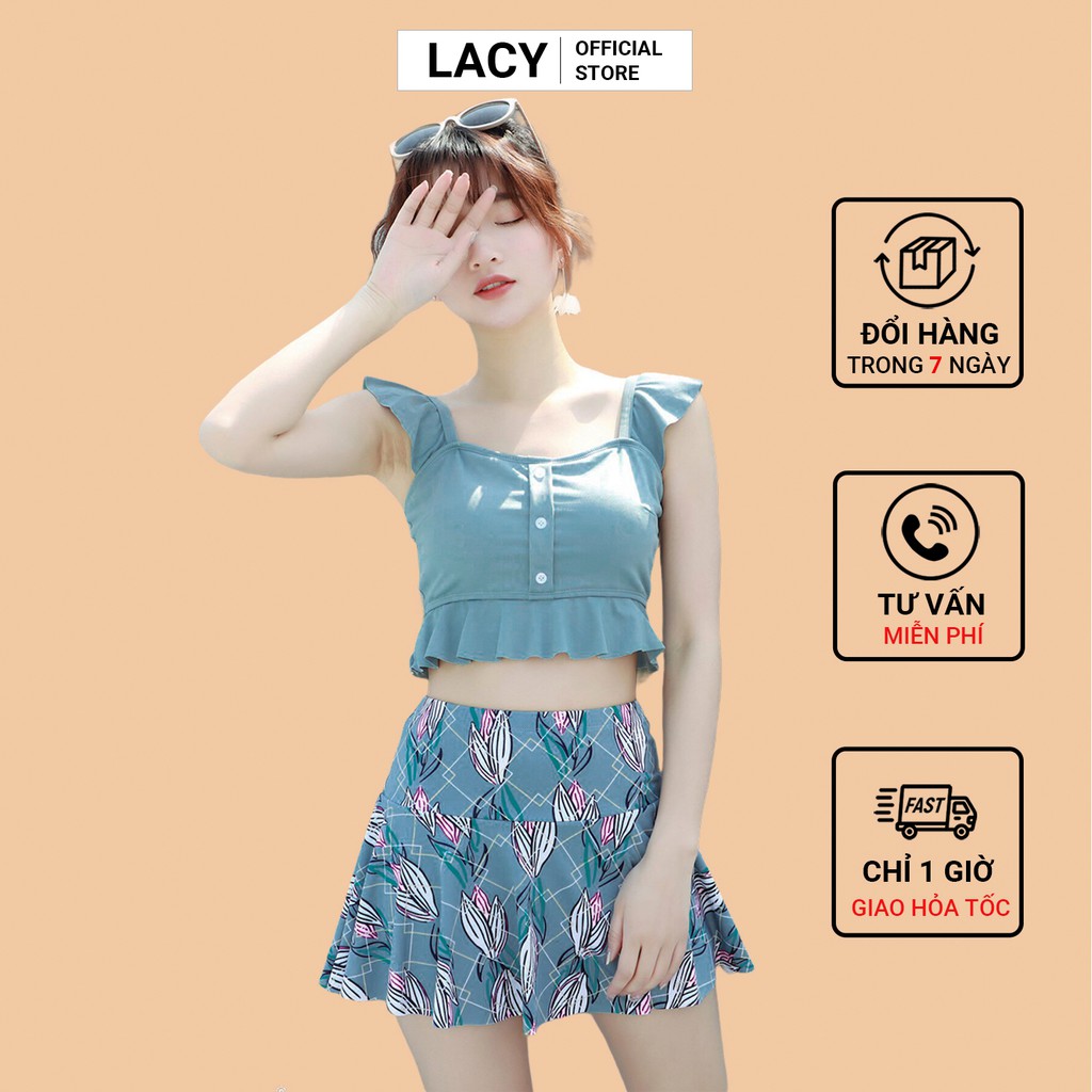 BIKIBI LACY - Đồ Tắm Biển Mùa Hè 2 Mảnh Áo Cup Ngang 2 Dây Có Đệm Ngực Quần Váy Cạp Cao Có Quần Đùi B119