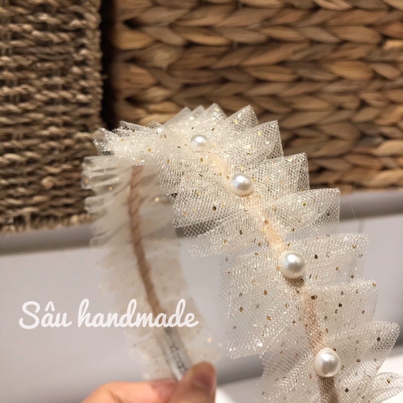 Bờm xước tóc, băng đô handmade đính hạt trai công chúa cho bé