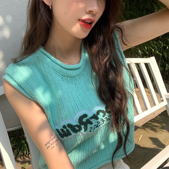 【ZHELIHANGFEI】 Áo Dệt Kim Không Tay Dáng Rộng Hở Rốn