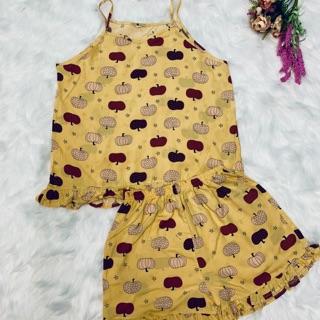 Đồ bộ lanh mặc nhà áo dây bèo bí vàng