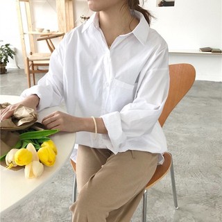 ÁO SƠ MI NỮ FORM RỘNG KIỂU DÁNG ÁO SƠ MI NỮ TAY DÀI TÚI NGỰC COTTON - ÁO SƠ MI TRẮNG