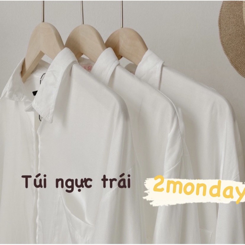 Áo sơ mi trắng lụa hàn túi ngực oversize tay phồng (Ảnh thật)