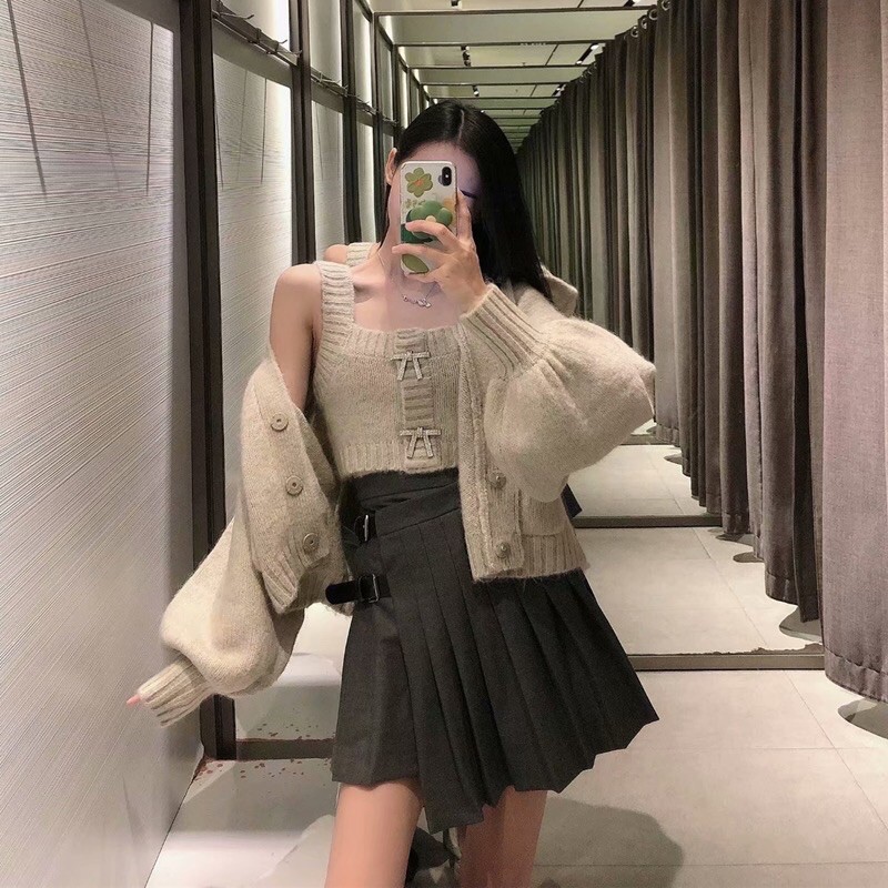 Set áo khoác len cardigan croptop tay bồng + áo 2 dây bản to cổ vuông đính nơ đá ZR Ulzzang siêu đẹp ❤️