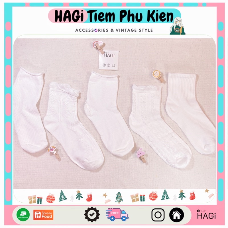 Set 5 Đôi Tất nữ Vintage Full Trắng Phối Ren Hoạ Tiết Dễ Thương Phong cách Hàn quốc Học sinh Sinh Viên