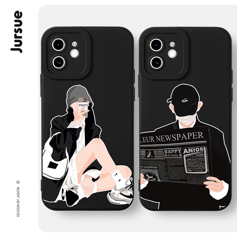 Ốp điện thoại JURSUE hoạt hình cặp đôi dễ thương đẹp nam nữ chống bẩn đen Cho iPhone 14 13 12 11 Pro Max SE 2020 X XR XS 8 7 ip 6S 6 Plus kute XYH745