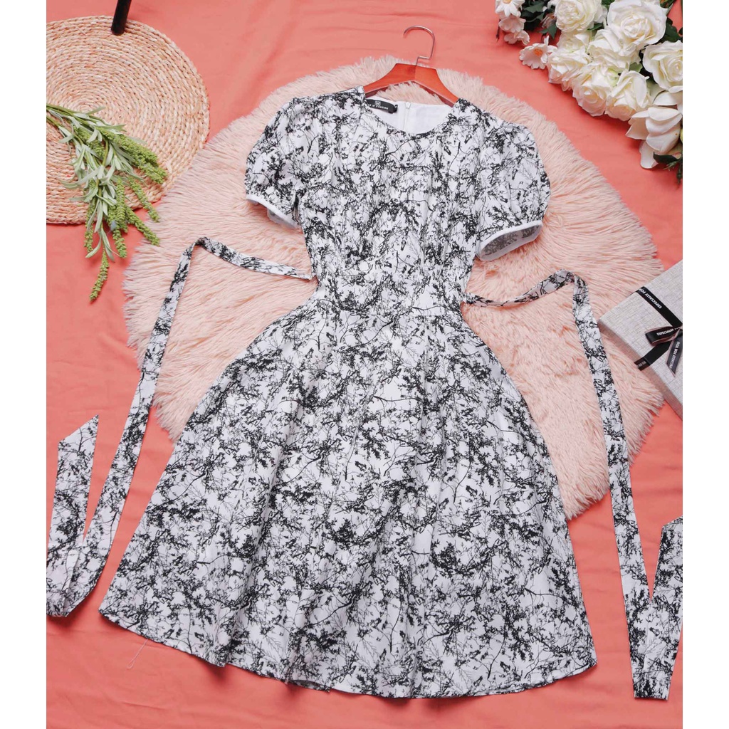 Đầm dự tiệc dáng xòe thiết kế cao cấp họa tiết sang trọng gam màu trắng đen cực hút mắt đi tiệc đi làm – Lux W