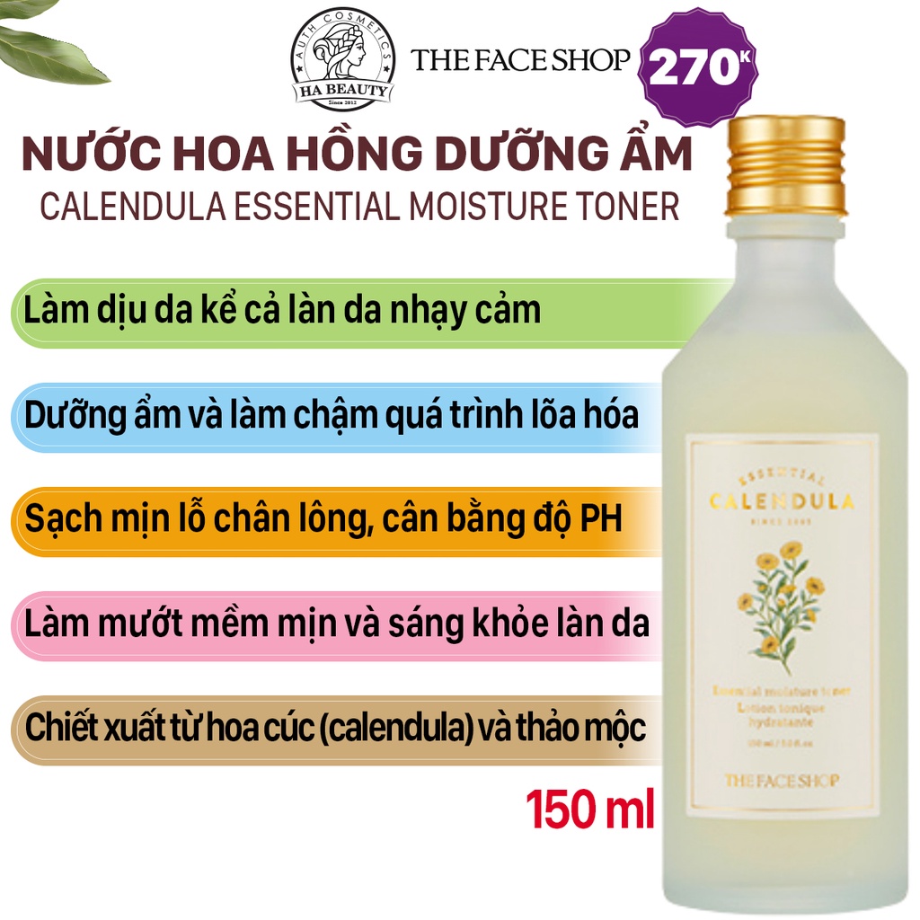 Nước hoa hồng dưỡng ẩm se khít lỗ chân lông cân bằng trẻ hóa da The Face Shop Calendula Essential Moisture Toner 150ml