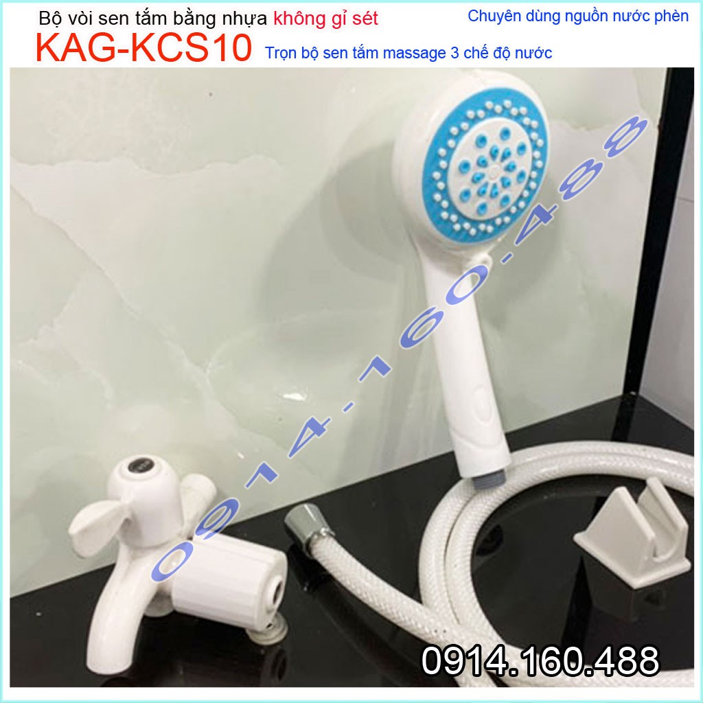 Vòi sen lạnh KAG-KCS10 nhựa Shower head, trọn bộ sen lạnh nhựa 100% dùng vùng nước phèn không gỉ séc tia phun nước mạnh