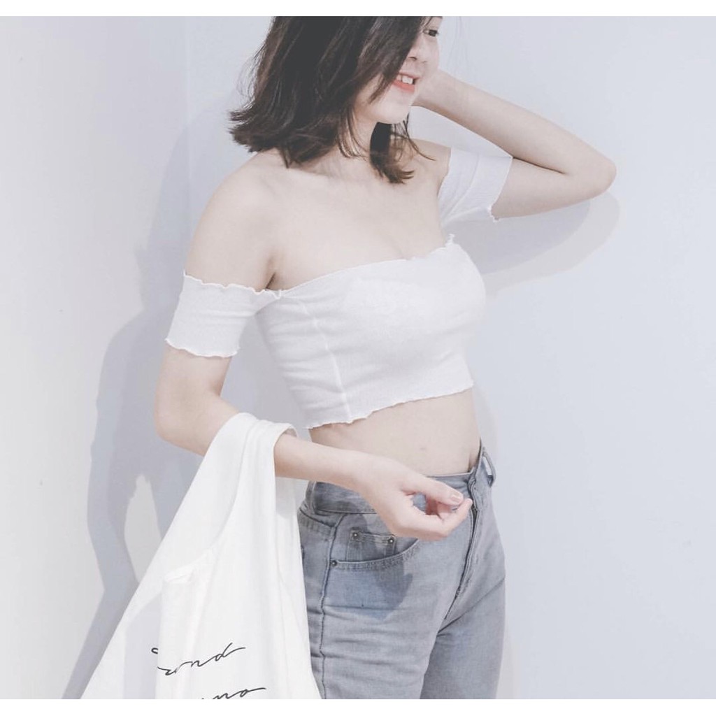 Áo kiểu thun gân trễ vai viền biên cực xinh hot hit