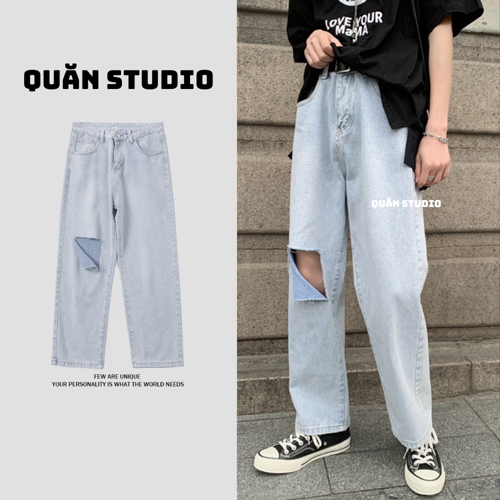 Quần Baggy Nam Rách Gối Quăn Studio - Quần Jean Nam Màu Xanh Nhạt Rách Gối Form Chuẩn Hàn Quốc QRG01