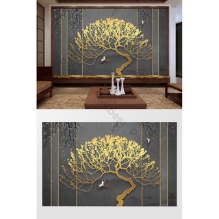 Tranh dán tường 3d trừ tượng hoa đào vàng ms895201