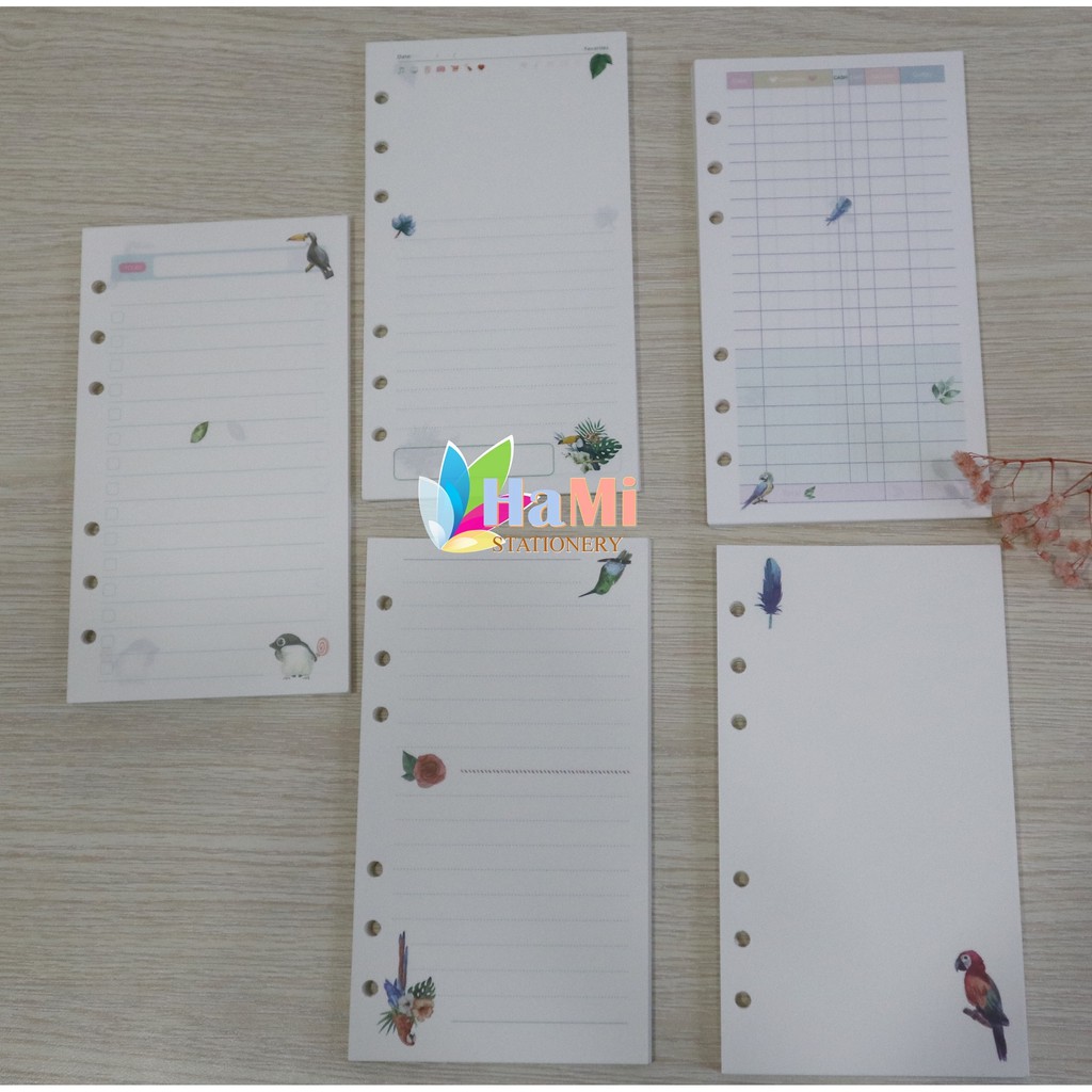 Giấy refill A5, A6 sổ còng planner in màu, hoạ tiết chim rừng