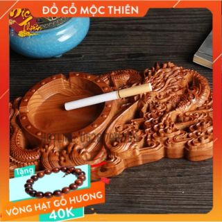 Gạt Tàn Thuốc Gỗ Hương Đỏ Nguyên Khối Khắc Rồng Nước (Hàng cao cấp )