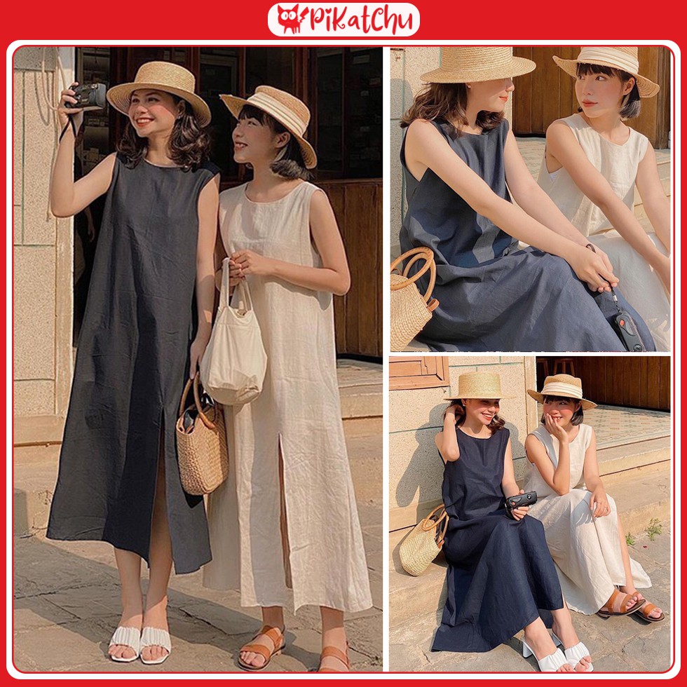 váy nữ 3 lỗ cổ thuyền xẻ tà dáng dài 2 màu - pikatchu