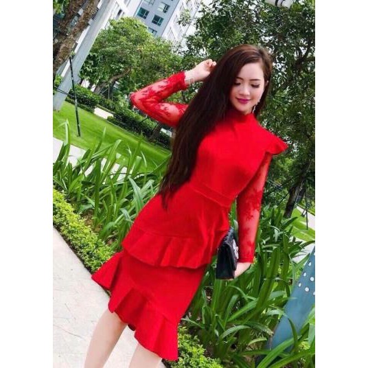 Bỏ sỉ Đầm body đỏ lai bèo tay phối ren đẹp y hình,chuẩn shop siêu hot