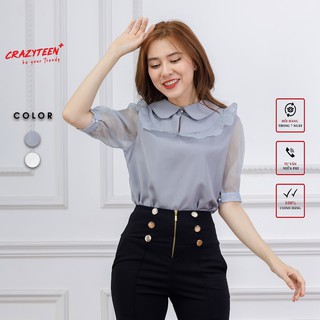 Áo sơ mi nữ CRAZYTEEN cổ sen tay bồng lưới A0080