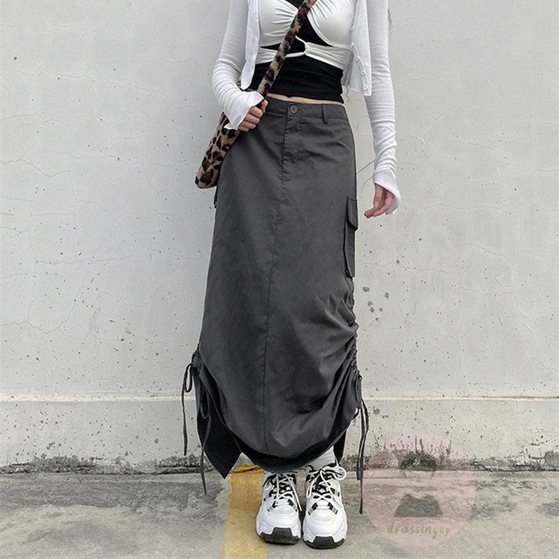 Chân Váy Dài Dáng Rộng Màu Sắc Đơn Giản Phối Dây Rút Tùy Chỉnh Thời Trang Cho Nữ