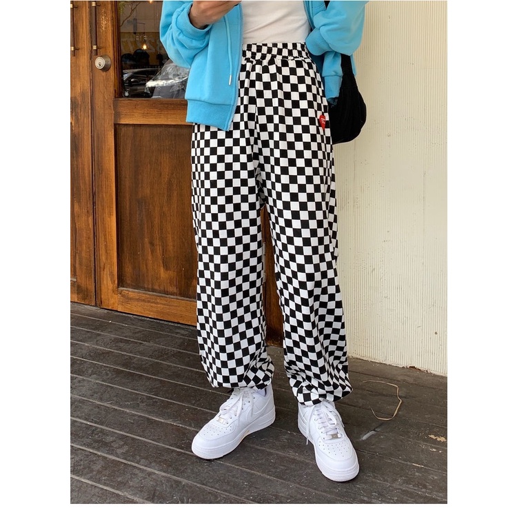 Quần dài rút dây IELGY ống rộng kẻ sọc caro màu trắng đen thời trang cho nữ