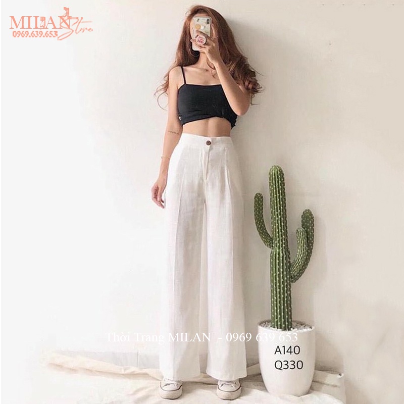 Quần đũi nữ ống rộng dài lưng thun cạp cao khóa thật dáng quần đũi ống suông màu Đen Trắng vải mềm mặc đi biển ở nhà mát