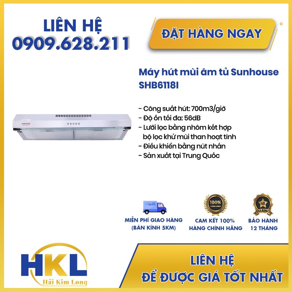 Máy hút mùi vỏ inox Sunhouse SHB6118I