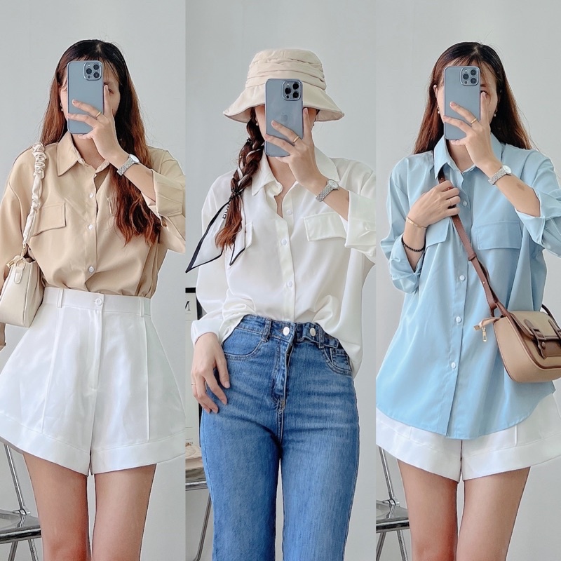 [Ảnh thật/Video]Áo sơ mi túi ngực dài tay form rộng hàn quốc