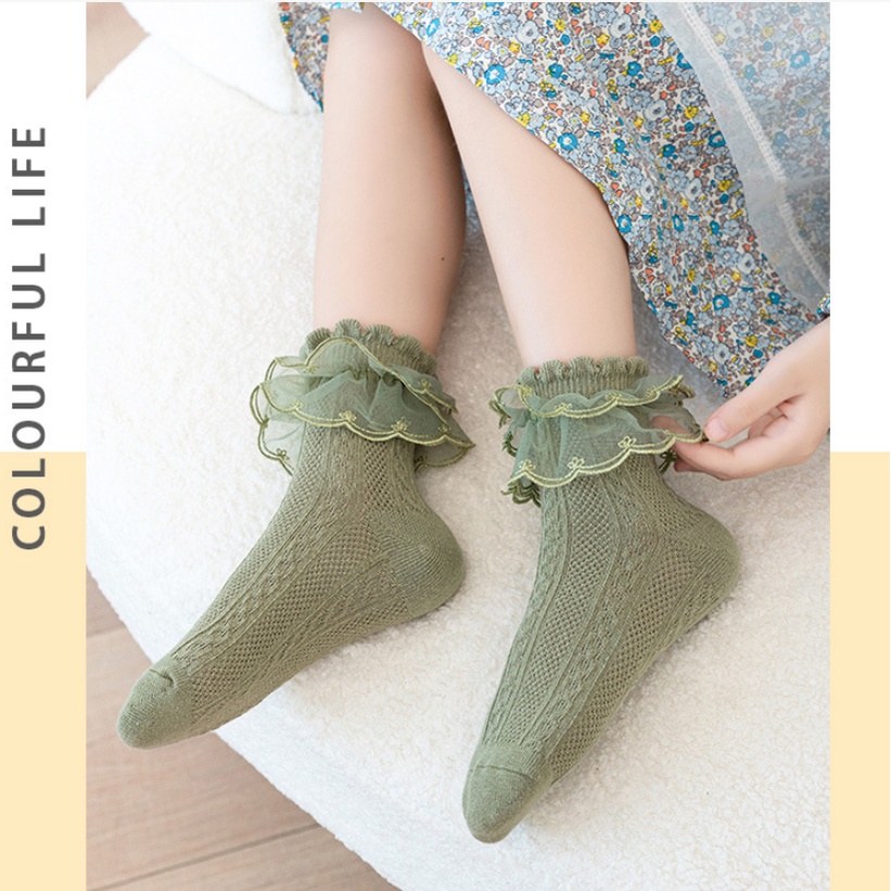 Vớ Vải Cotton Mỏng Phối Ren Thêu Họa Tiết Kiểu Lolita Dễ Thương Cho Bé Gái