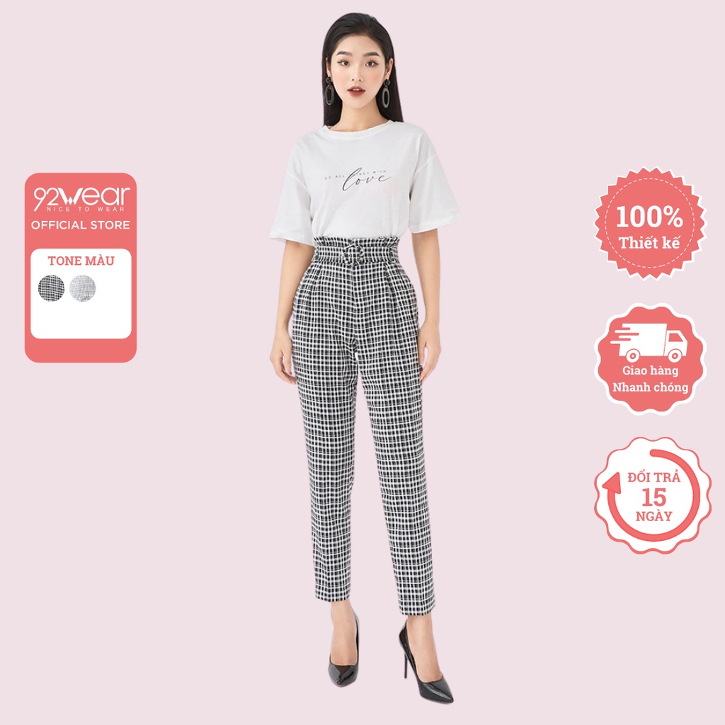 Quần baggy nữ kẻ caro 92WEAR ống vừa, thanh lịch ,trẻ trung công sở QGA1668