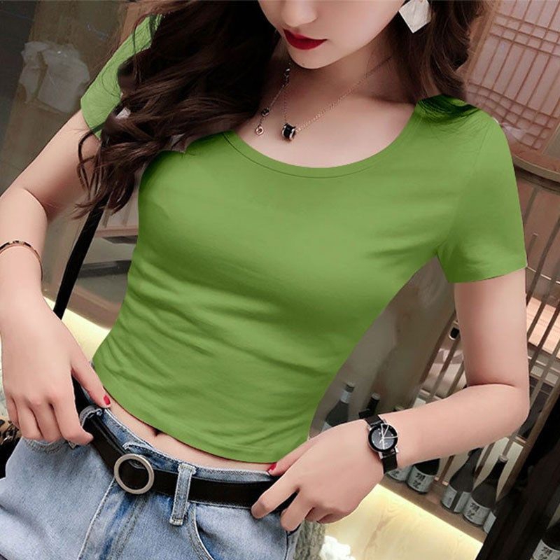 Áo Thun Croptop Tay Ngắn Màu Đen Thời Trang Mùa Hè Cho Nữ