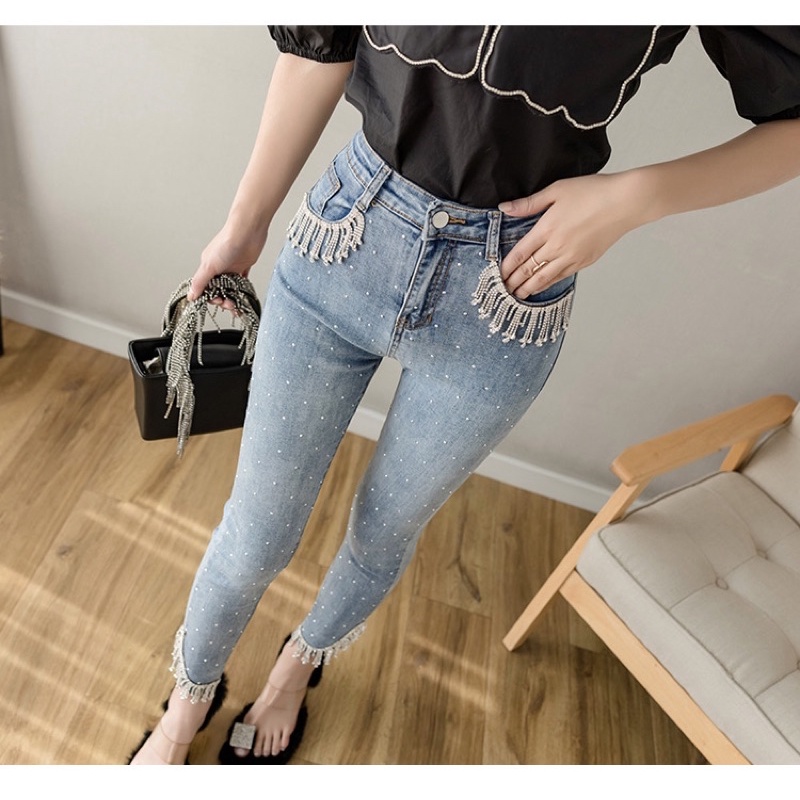 CÓ SẮN S Quần jean ống loe đính đá tua rua và hột SANG CHẢNH có ẢNH THÂTH VÀ CLIP