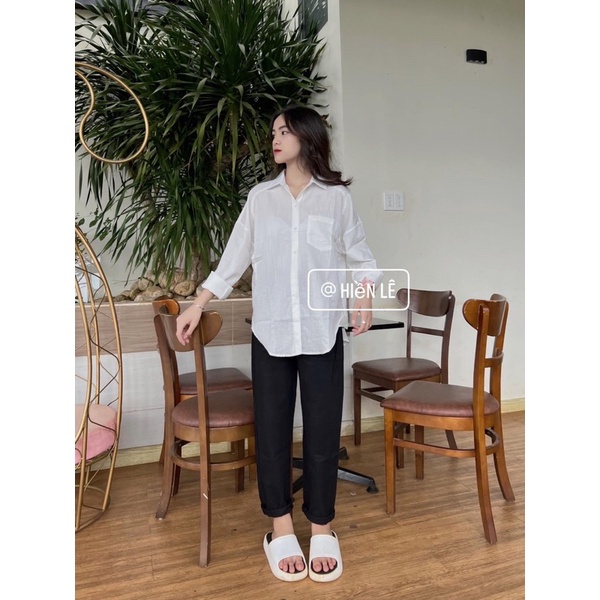 Set baggy jeans trơn xanh + sơ mi tay dài 1 túi