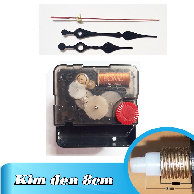 Máy đồng hồ treo tường đài loan kim trôi loại tốt và bộ kim 8cm màu đen