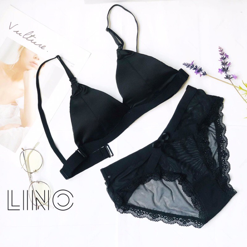 Set áo Bralette lụa satin trơn cho bé ti+ quần lót ren