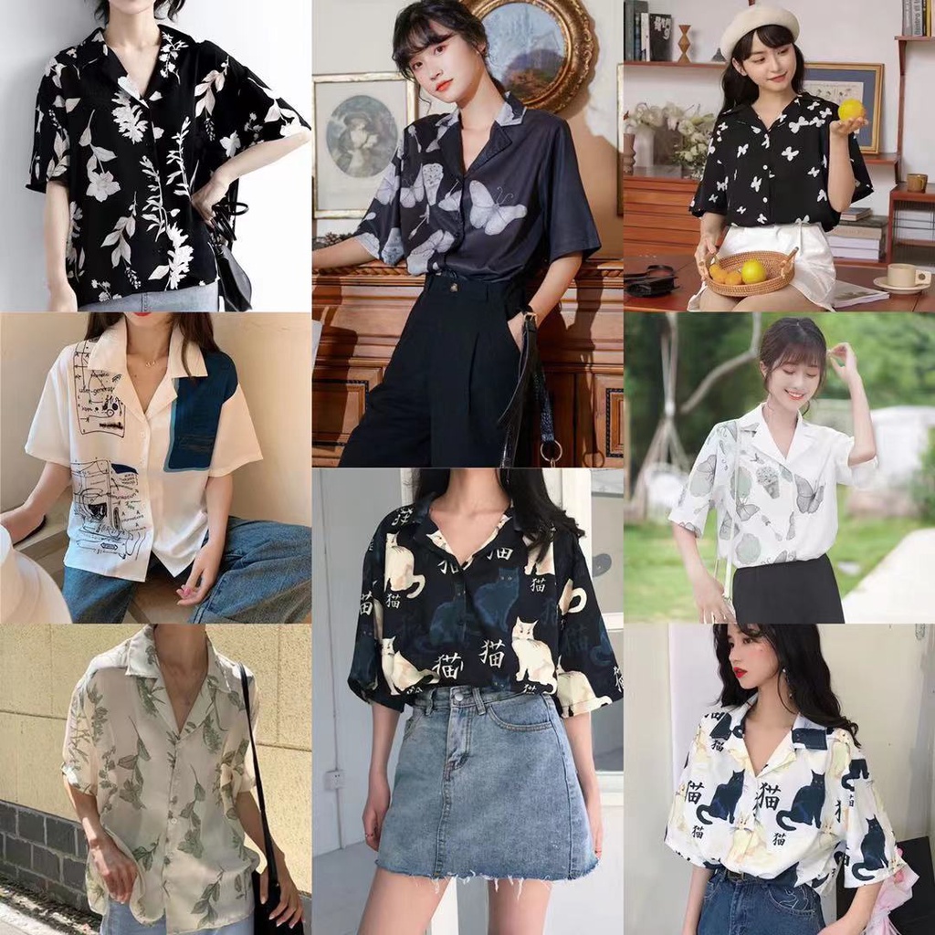 Áo sơ mi voan tay ngắn cổ chữ V in họa tiết hoa bướm phong cách Nhật Bản cổ điển thời trang cho nữ