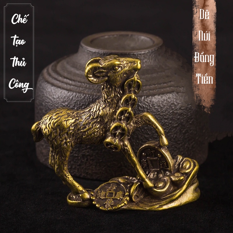 Tượng Trưng Bày Phong Thủy Bằng Đồng Hình Con Dê Đứng Ngậm Tiền, Trang Trí, Đem Lại May Mắn