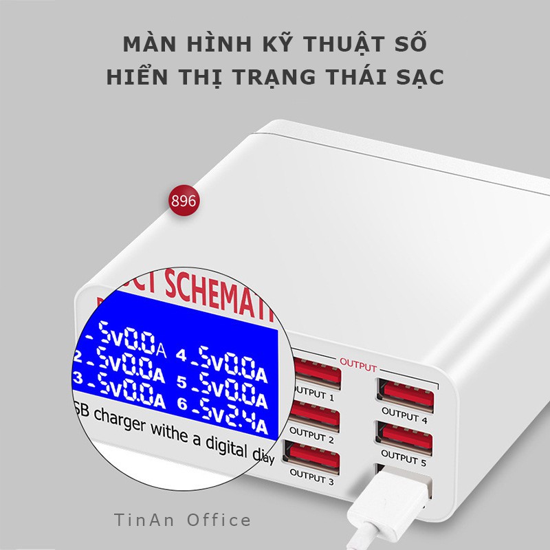 Bộ Sạc Nhanh 6 Cổng USB QC3.0 40W Màn Hình Kỹ Thuật Số Cho iP, OPPO, Samsung, iPad Air Pro