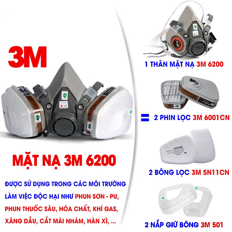 Trọn bộ mặt nạ phòng độc 3M 6200 kèm kính chống hoá chất- Mặt nạ chống độc, bụi mịn Dùng phun sơn, xịt thuốc