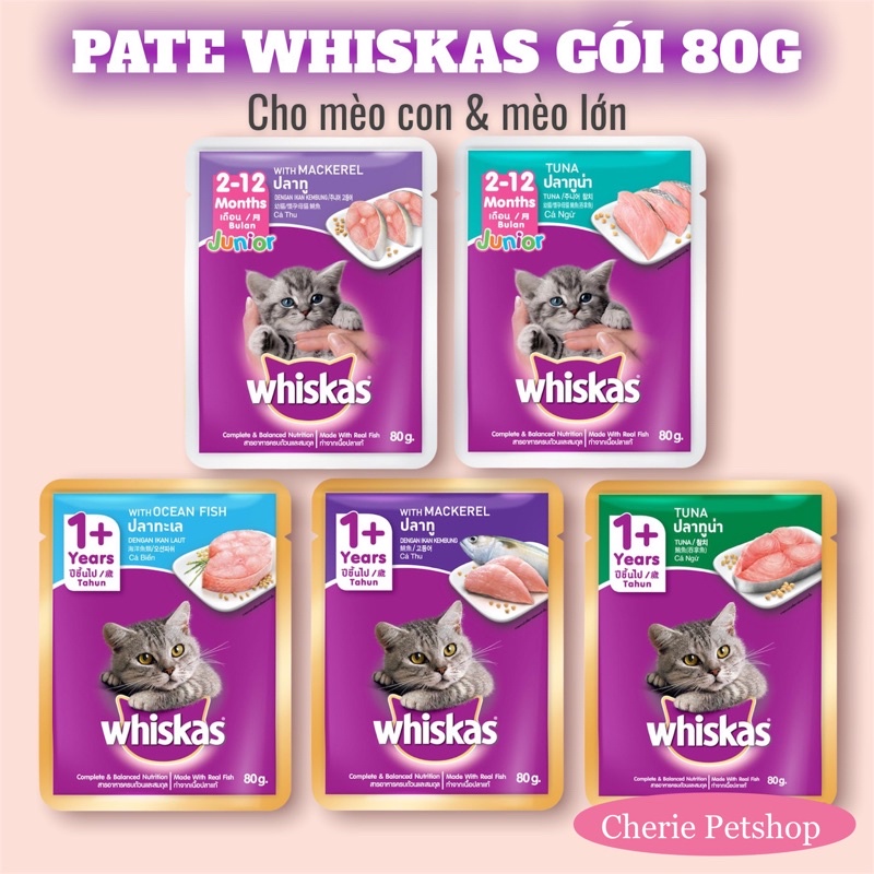 Pate WHISKAS cho mèo con và mèo lớn nhiều vị gói 80g