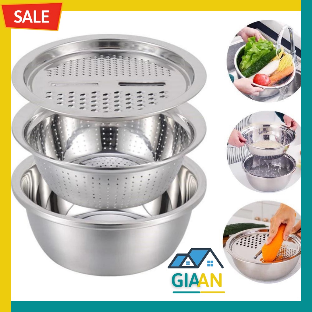 Bộ Nạo Rau Củ Đa Năng Kiêm Rổ Và Chậu Inox Cao Cấp 3 Món Dày Dặn Chất Liệu Thép Không Gỉ Cực Bền | GIA DỤNG GIA AN