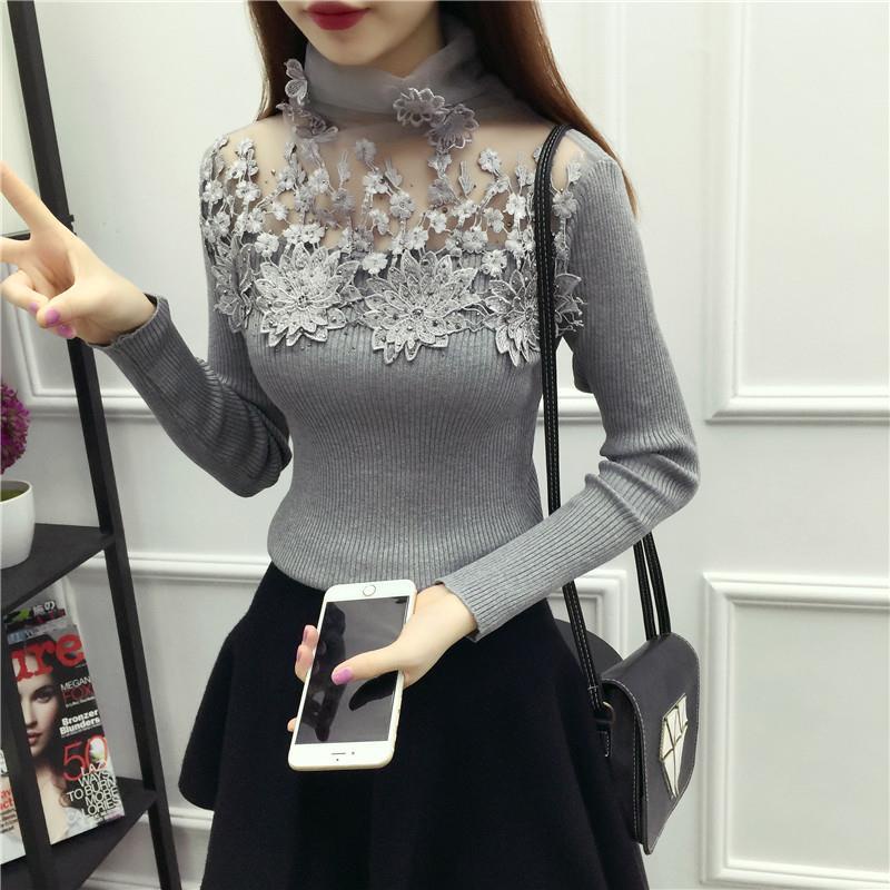 Áo len cổ lọ tay dài phối ren đính đá thời trang thu đông mới cho nữ 2021