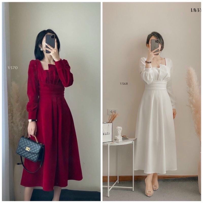 TTO-Ảnh thật Đầm váy dạ tiệc xếp ly tay dài có mút ngực đỏ, trắng thanh lịch xòe đám cưới cô dâu TASA