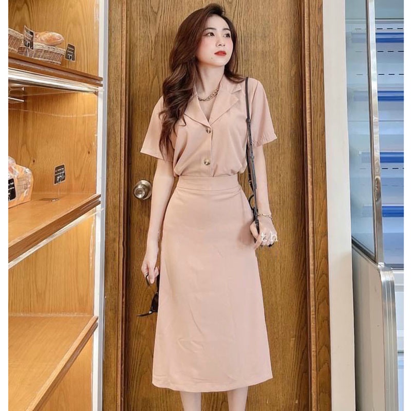 Sét Vest Croptop Kèm Chân Váy Dài Dáng Chữ A Kéo Khóa M322 - Yamy888