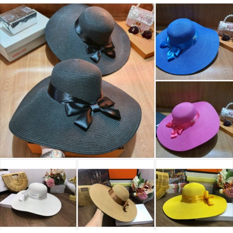 Mũ cói đi biển vành rộng dây nơ vintage gắn chữ sang chảnh