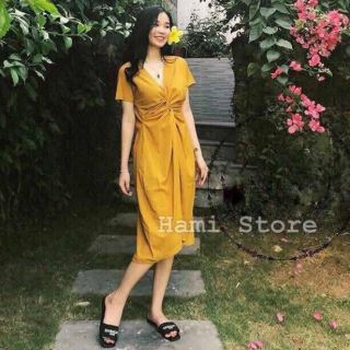 Đầm thun xoắn eo cổ V tay con siêu đẹp