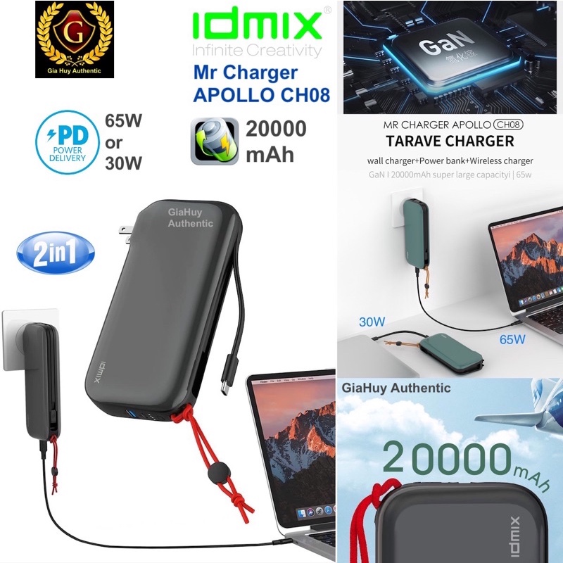Sạc dự phòng 20000mAh PD 30W Kiêm Củ sạc tường IDMIX Mr Charger APOLLO CH08 PD 65W 1C-1A